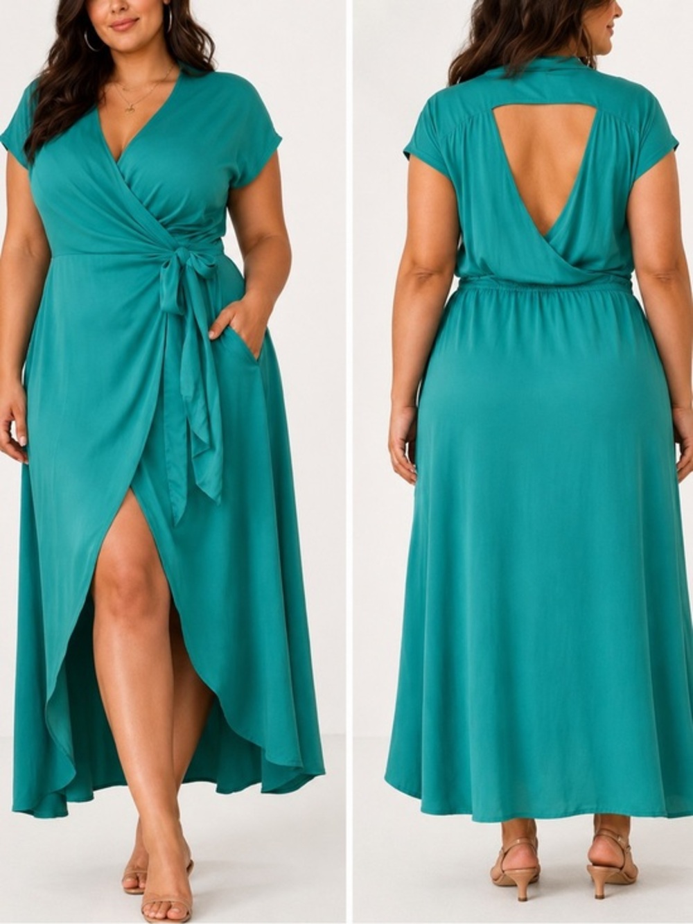 Maeve Anthropologie Green Wrap Maxi Dress 1X Open Back Tie Waist V Neck